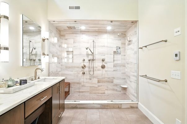 Bathroom, Glass Shower, Interior, Marble Walls, Recessed Lighting