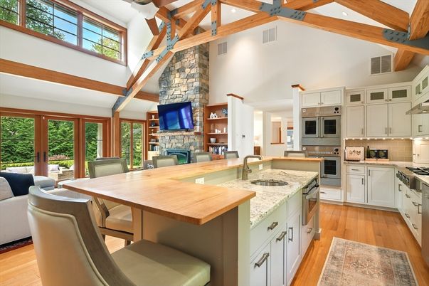 Fireplace, Interior, Kitchen, Stone Walls, Wooden Beams, Wood Texture Flooring