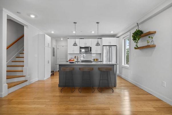 Interior, Kitchen, Pendant Lights, Recessed Lighting, Stainless Steel Appliances, Wood Texture Flooring