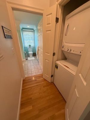 Bathroom, Interior, Recessed Lighting, Utility Closets, Washer, Wood Texture Flooring