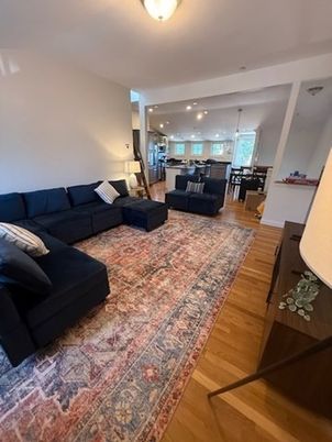 Dining room, Interior, Living room, Pendant Lights, Recessed Lighting, Wood Texture Flooring