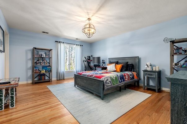 Bedroom, Chandelier, Interior, Wood Texture Flooring