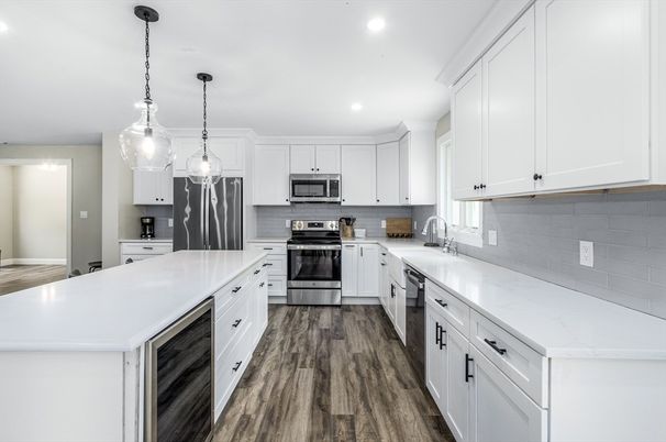 Interior, Kitchen, Pendant Lights, Recessed Lighting, Stainless Steel Appliances, Wood Texture Flooring