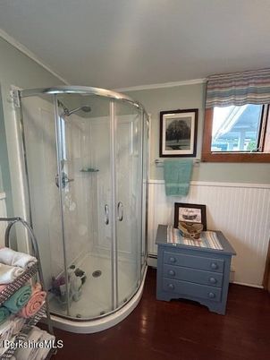 Bathroom, Glass Shower, Interior, Wood Texture Flooring