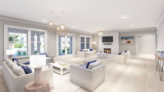 Fireplace, Interior, Living room, Pendant Lights, Recessed Lighting, Wood Texture Flooring