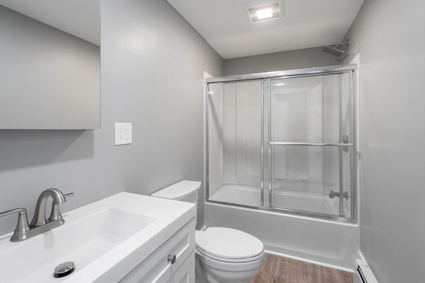 Bathroom, Glass Shower, Interior, Recessed Lighting, Wood Texture Flooring