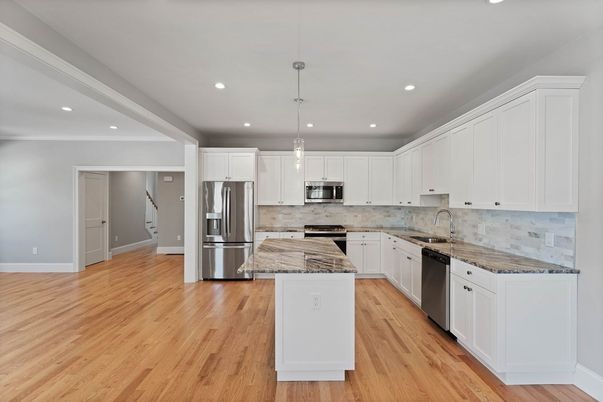 Interior, Kitchen, Pendant Lights, Recessed Lighting, Stainless Steel Appliances, Wood Texture Flooring