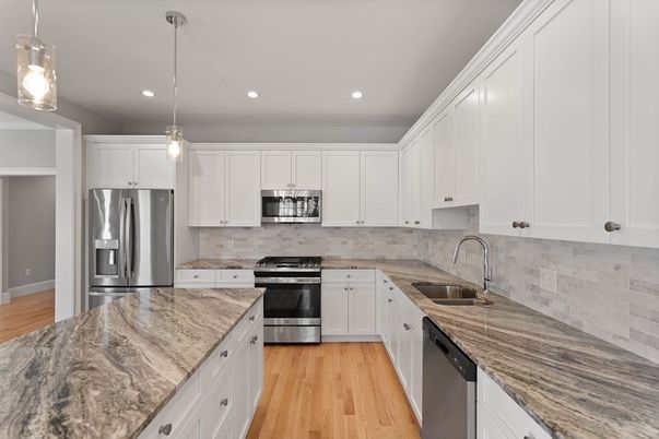Interior, Kitchen, Pendant Lights, Recessed Lighting, Stainless Steel Appliances, Wood Texture Flooring