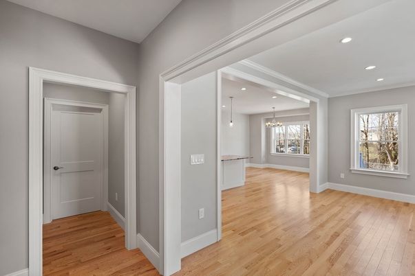 Chandelier, Empty room, Interior, Pendant Lights, Recessed Lighting, Wood Texture Flooring