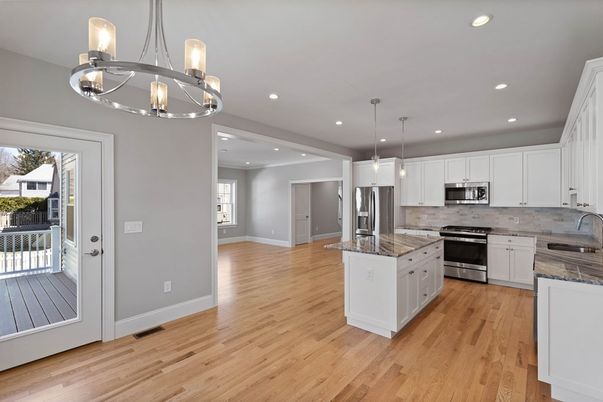 Chandelier, Interior, Kitchen, Pendant Lights, Recessed Lighting, Stainless Steel Appliances, Wood Texture Flooring