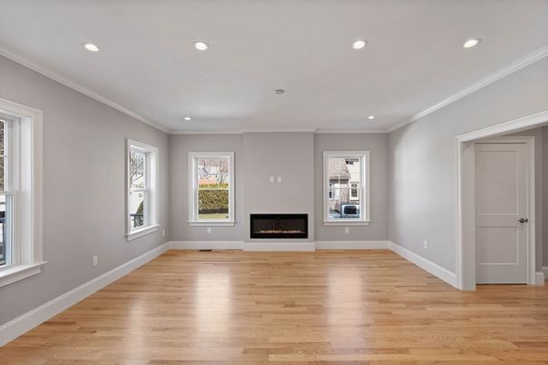Empty room, Fireplace, Interior, Recessed Lighting, Wood Texture Flooring