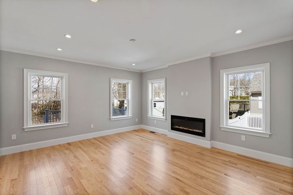 Empty room, Fireplace, Interior, Recessed Lighting, Wood Texture Flooring