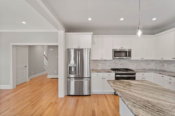 Interior, Kitchen, Pendant Lights, Recessed Lighting, Stainless Steel Appliances, Wood Texture Flooring