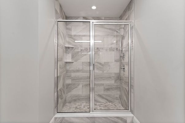 Bathroom, Glass Shower, Interior, Marble Walls, Recessed Lighting