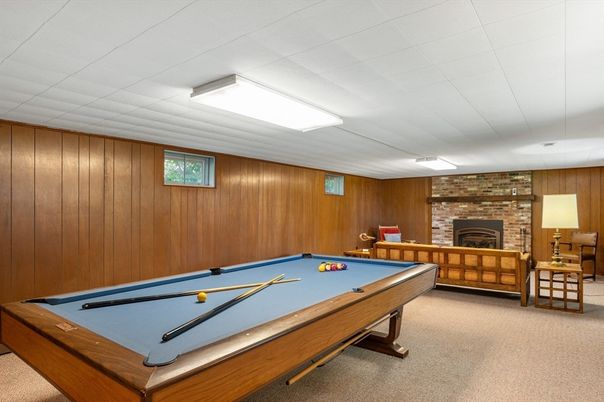 Billiard Table, Fireplace, Game Room, Interior, Stone Walls, Wooden Walls