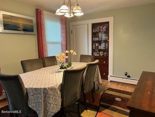 Dining room, Interior, Pendant Lights, Wood Texture Flooring