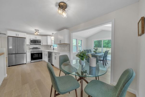 Dining room, Interior, Kitchen, Stainless Steel Appliances, Wood Texture Flooring