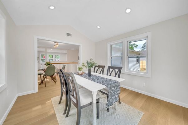 Dining room, Interior, Recessed Lighting, Wood Texture Flooring