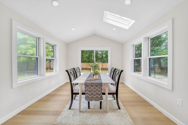 Dining room, Interior, Recessed Lighting, Wood Texture Flooring