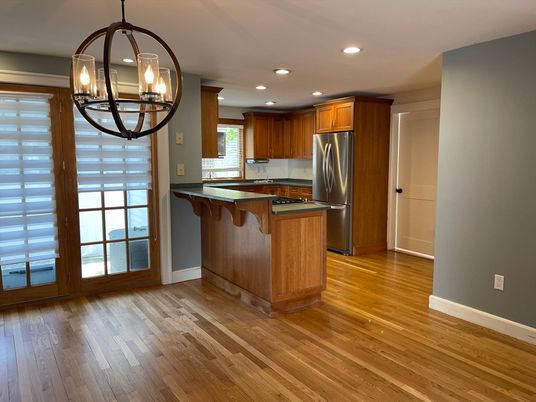 Chandelier, Interior, Kitchen, Recessed Lighting, Stainless Steel Appliances, Wood Texture Flooring