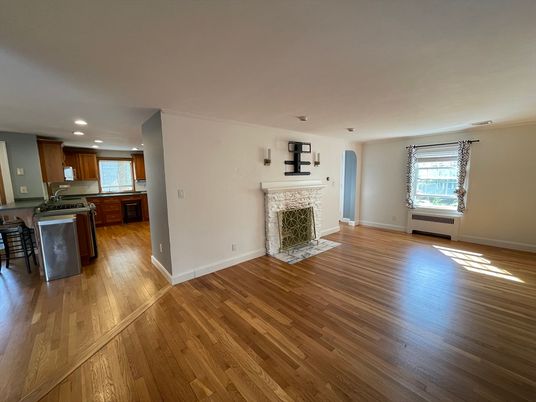 Empty room, Fireplace, Interior, Kitchen, Recessed Lighting, Wood Texture Flooring