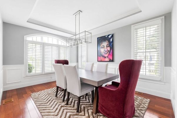 Chandelier, Dining room, Interior, Pendant Lights, Wood Texture Flooring