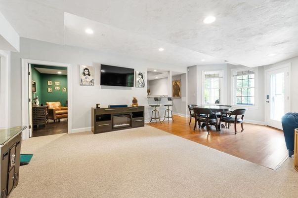 Dining room, Interior, Recessed Lighting, Wood Texture Flooring