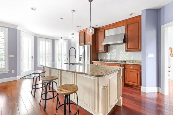 Interior, Kitchen, Pendant Lights, Recessed Lighting, Stainless Steel Appliances, Wood Texture Flooring