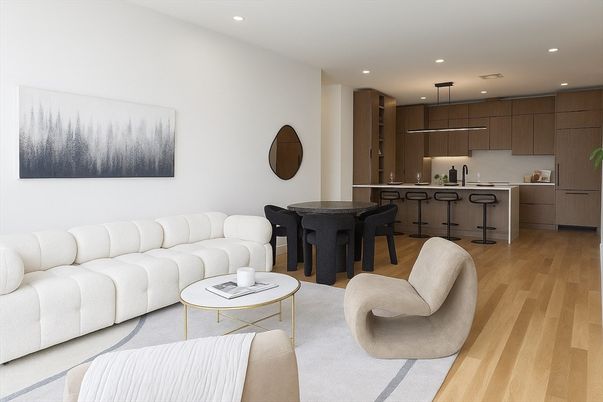 Dining room, Interior, Kitchen, Living room, Recessed Lighting, Wood Texture Flooring