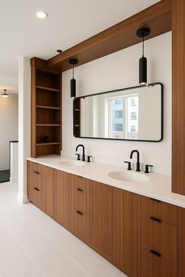 Bathroom, Dual Sink Vanities, Interior, Pendant Lights, Recessed Lighting