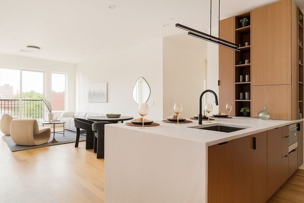 Interior, Kitchen, Living room, Recessed Lighting, Wood Texture Flooring