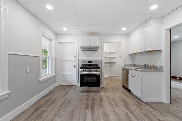Interior, Kitchen, Recessed Lighting, Stainless Steel Appliances, Wood Texture Flooring