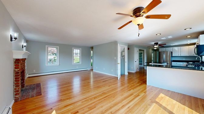 Empty room, Fireplace, Interior, Kitchen, Recessed Lighting, Wood Texture Flooring