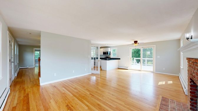 Empty room, Fireplace, Interior, Kitchen, Recessed Lighting, Wood Texture Flooring