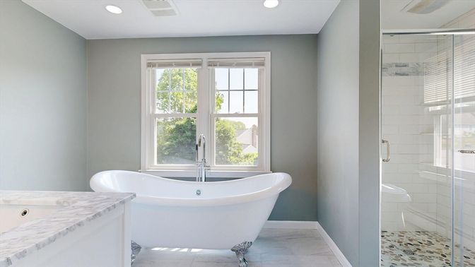 Bathroom, Free Standing Baths, Glass Shower, Interior, Marble, Recessed Lighting