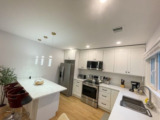 Interior, Kitchen, Pendant Lights, Recessed Lighting, Stainless Steel Appliances, Wood Texture Flooring