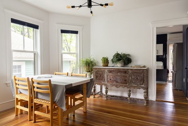 Dining room, Interior, Pendant Lights, Wood Texture Flooring