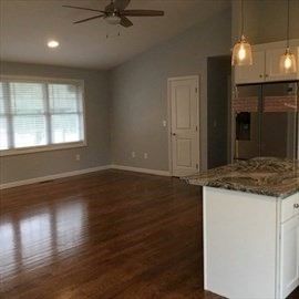Empty room, Interior, Kitchen, Pendant Lights, Recessed Lighting, Wood Texture Flooring