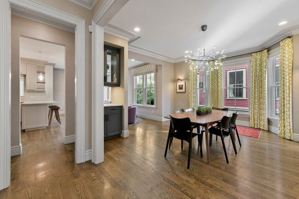 Dining room, Interior, Pendant Lights, Recessed Lighting, Wood Texture Flooring