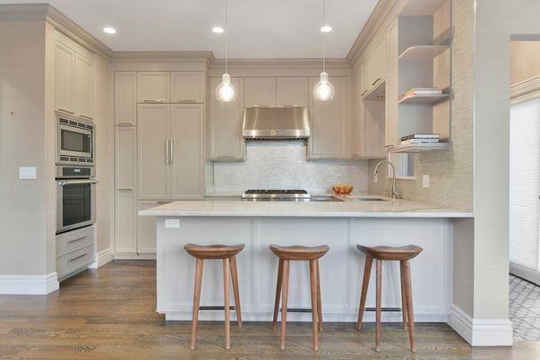Interior, Kitchen, Pendant Lights, Recessed Lighting, Stainless Steel Appliances, Wood Texture Flooring