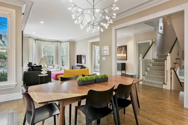 Dining room, Interior, Living room, Recessed Lighting, Wood Texture Flooring