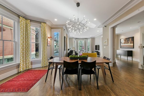 Dining room, Interior, Pendant Lights, Recessed Lighting, Wood Texture Flooring