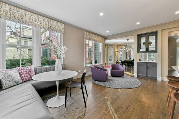 Dining room, Interior, Living room, Recessed Lighting, Wood Texture Flooring