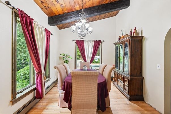 Chandelier, Dining room, Interior, Wooden Beams, Wooden Ceilings, Wood Texture Flooring