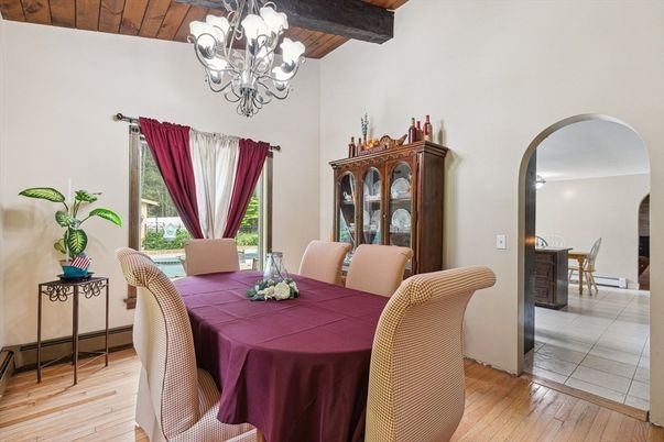 Chandelier, Dining room, Interior, Wooden Beams, Wooden Ceilings, Wood Texture Flooring