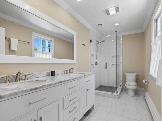 Bathroom, Dual Sink Vanities, Glass Shower, Interior, Marble, Recessed Lighting