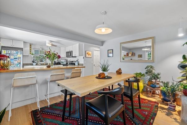 Dining room, Interior, Kitchen, Pendant Lights, Stainless Steel Appliances, Wood Texture Flooring