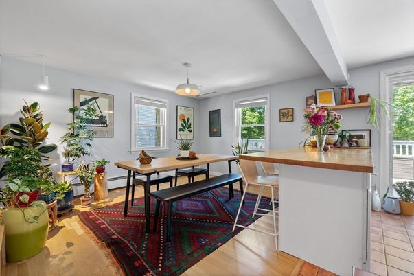 Dining room, Interior, Pendant Lights, Wood Texture Flooring