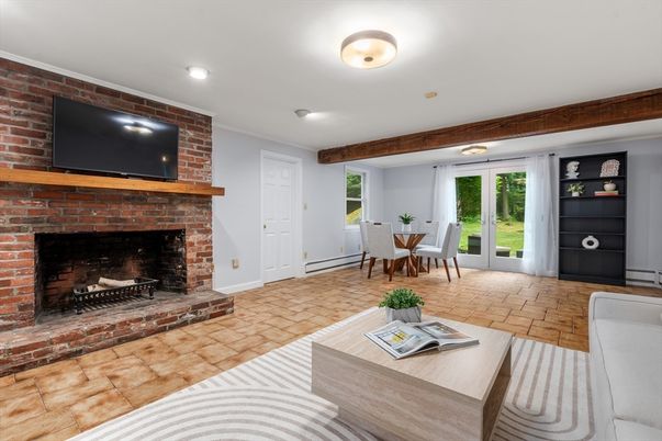 Dining room, Fireplace, Interior, Living room, Recessed Lighting, Stone Walls, Wooden Beams