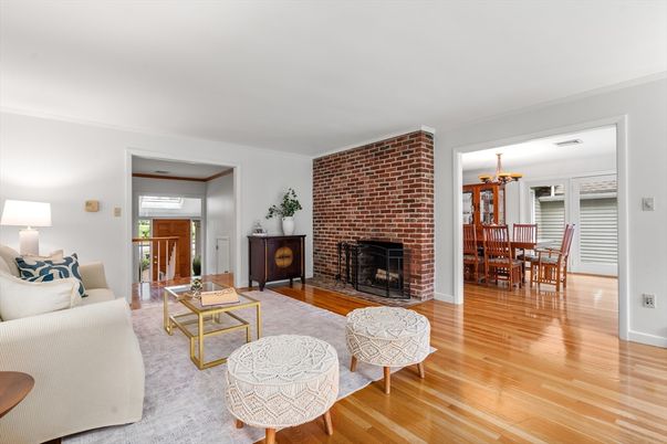 Dining room, Fireplace, Interior, Living room, Stone Walls, Wood Texture Flooring